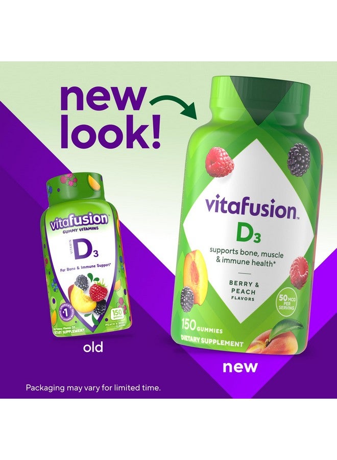 Vitafusion Vitamin D3 Gummy Vitamins for Bone and Immune System Support, Peach, Blackberry and Strawberry Flavored, 50 mcg Vitamin D, 75 Day Supply, 150 Count - Image 2
