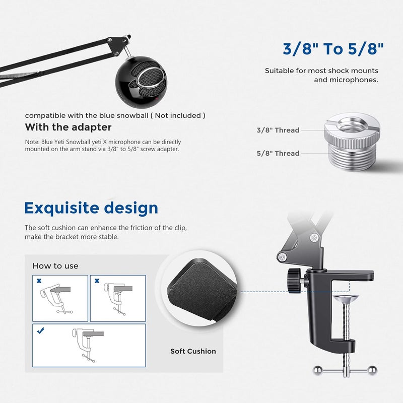 Neewer Hardened processed substance Microphone Arm Stand, Suspension Boom Scissor Mic Arm Stand with 3/8” to 5/8” Screw and Cable Ties Compatible with Blue Yeti, Snowball, Yeti X, Quadcast and Other Mics, Max Load 1.5kg Diverse application fit - Image 5