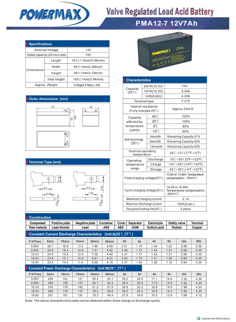 Power Max PowerMax PMA12-7 12V 7Ah VRLA Rechargeable Battery – Non-Spillable, UPS & Solar Backup - Image 2