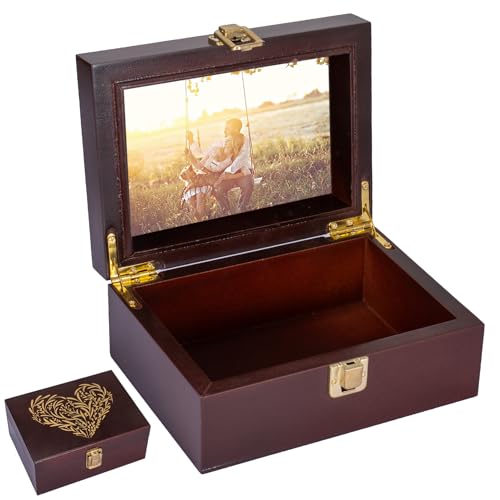 EVA murmure Small Wooden Memory Keepsake Boxes With Hinged Lids and a photo frame inside the lid - Decorative Storage Box With a Hinge Lids For Picture Letter Time Capsule - Wooden Gift Boxes，3.1“*5.1”*7.1“ - Image 1