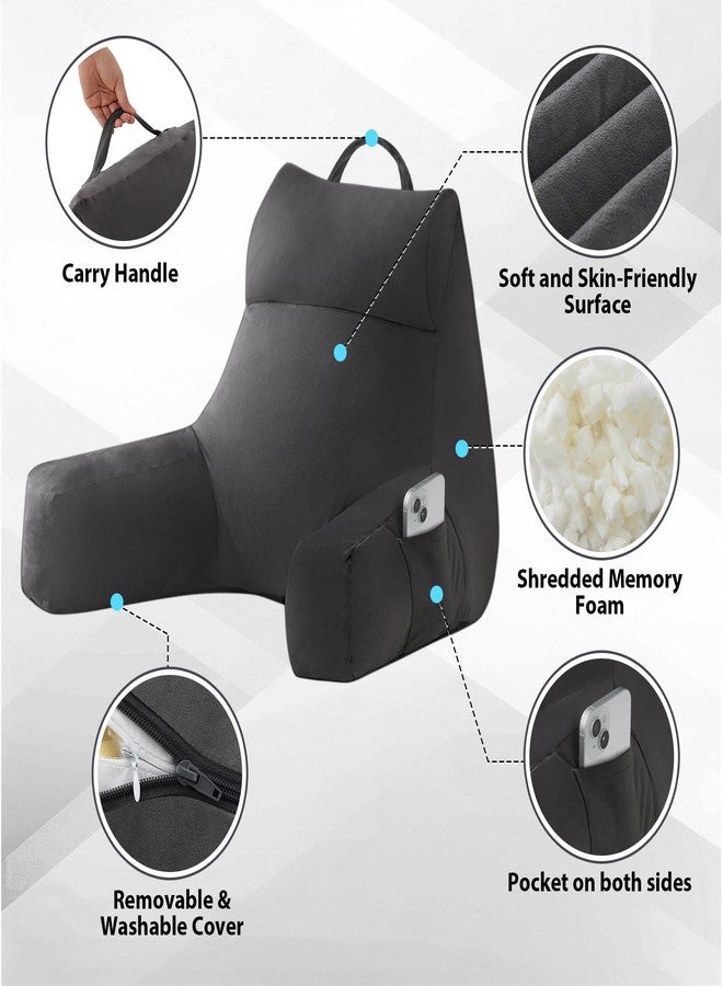 IPYNBAP Reading Pillow with Arms for Adults, Back Pillow for Bed Sitting Up, Shredded Memory Foam Backrest Pillow with Pockets and Removable Washable Cover, Lounging, Watching TV, Reading(Grey) - Image 3