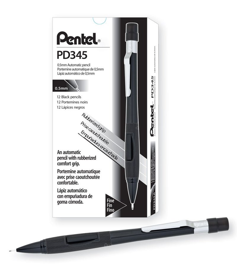 Pentel قلم رصاص أوتوماتيكي بنتل كويكر كليكر، حجم رأس 0.5 مم، أسود، علبة من 12 (PD345A) - Image 3