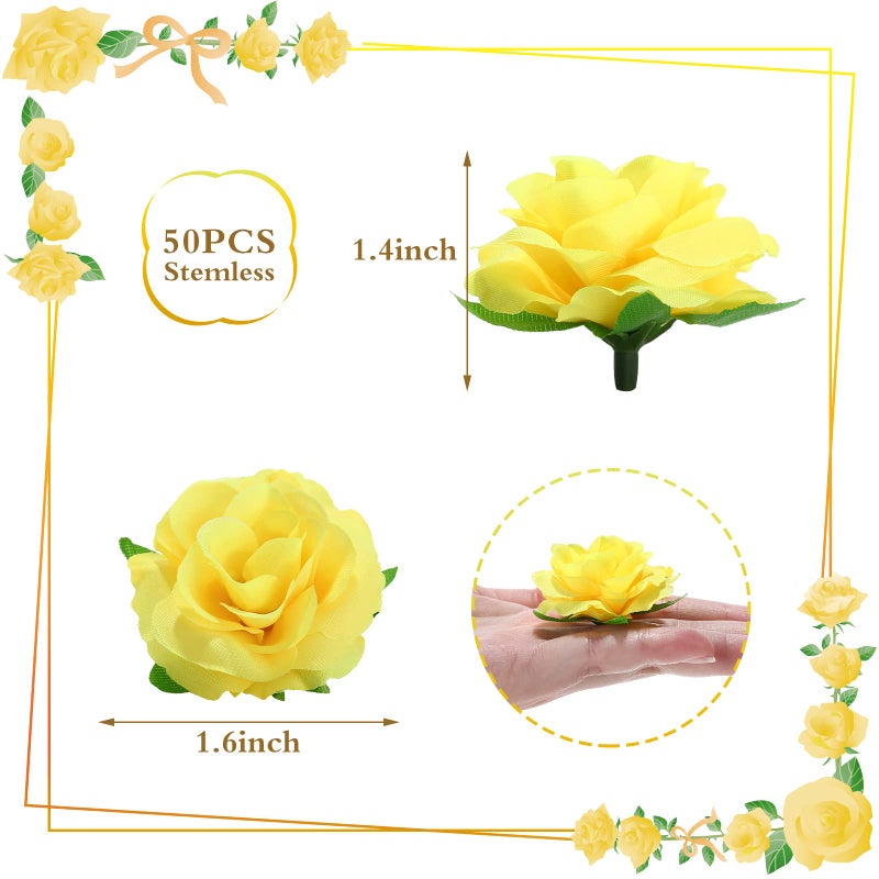 Kesote 50pcs Mini Yellow Roses Buds Artificial Flowers Bulk, 1.6 Inch Small Silk Fake Roses Flower Heads for Decoration, Crafts, Wedding Party Home Decor - Image 2