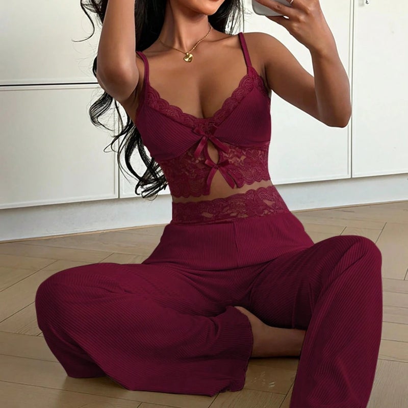 سي إم إي طقم بيجامة نسائي بحمالات مع دانتيل وفيونكة وياقة V وبنطال طويل - Image 4