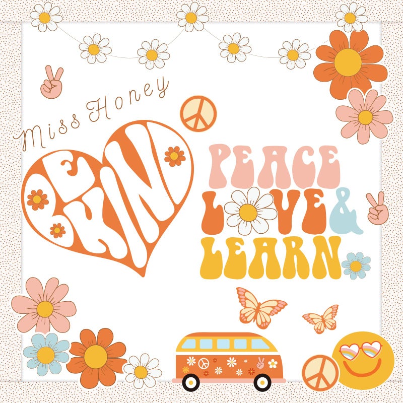 Whaline 67Pcs Retro Boho Classroom Bulletin Board Decoration Kit Pink Groovy Hippie Bulletin Board Set Daisy Heart Butterfly Cutouts with Glue Points for Classroom School Office Home Wall Decoration