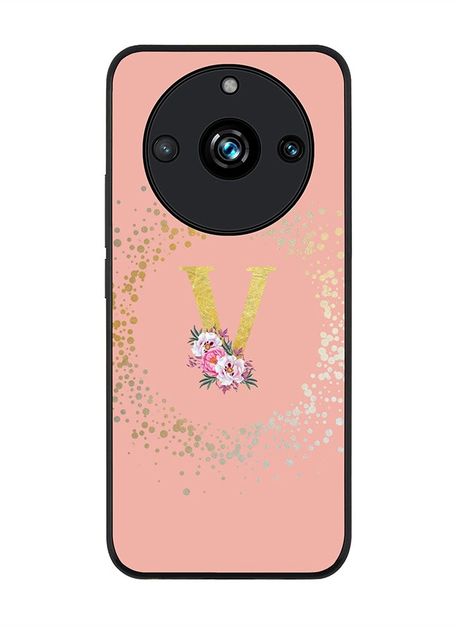 Stylizedd Rugged Black Edge case for Realme 11 Pro/Realme 11 Pro+ Case Cover - Custom Monogram Initial Letter Floral Pattern Alphabet - V (Rose Pink) - Image 1