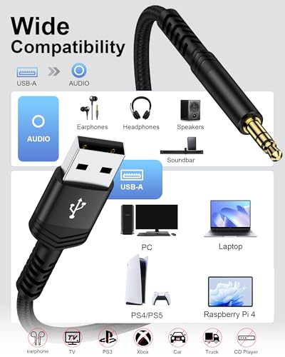 AILKIN USB to 3.5mm Audio Cable 3FT, Braided USB-A to Aux Male to Male TRS Stereo Adapter Cord, USB 2.0 to 1/8” Jack Adaptor Auxiliary Cable for Headphones Speakers Amplifiers PC Laptop PS4 PS5 Windows Mac - Image 5