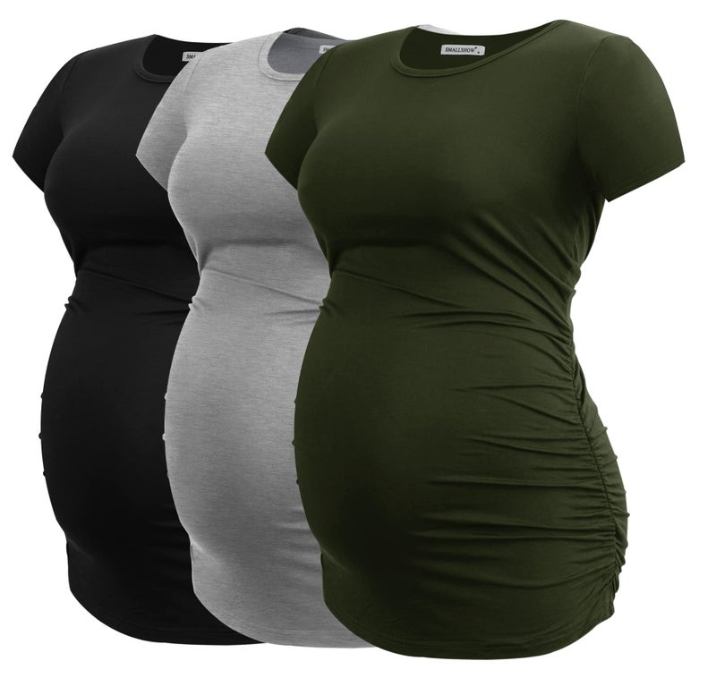 Smallshow Women's Maternity Shirt Side Ruched Tunic Pregnancy Top Clothes 3-Pack Black/Light Grey/Army Green Small
