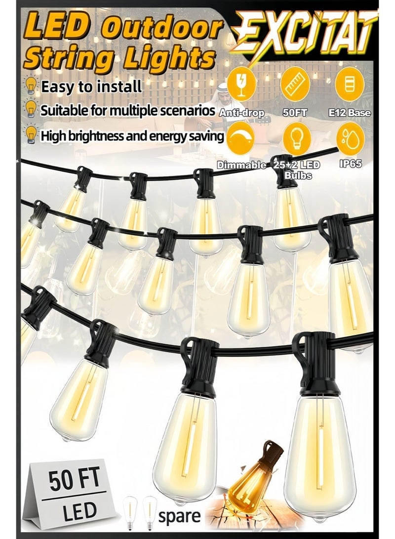 excitat Outdoor String Lights, edison string lights for outside, 15.2m Waterproof, E12 LED String, 25 Lights with Bulbs Grade Patio Lights, 2 spare bulbs, Suitable for porches, terraces, gardens, patios, balconies, Warm - Image 1