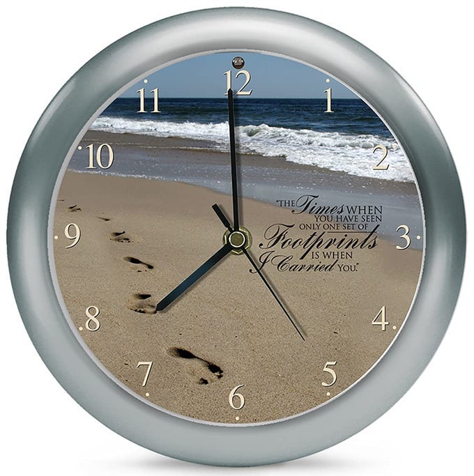 MARK FELDSTEIN ASSOCIATES FOOTPRINTS IN THE SAND INSPIRATIONAL SILVER TONE 8 INCH THREE HYMN SOUND CLOCK