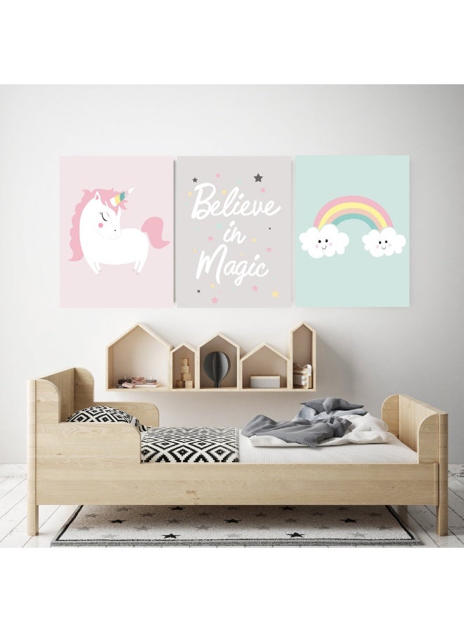 Tableau of three cute unicorn for kids room  - nursery room girly set - believe in magic