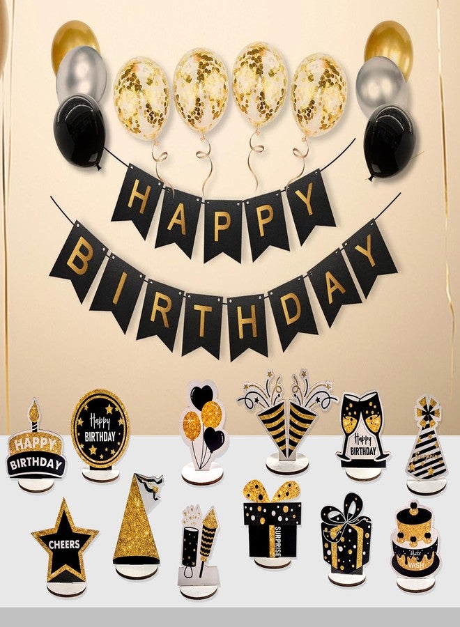 PAMBO Happy Birthday Table Decorations & Centerpieces - 12-Piece Black & Gold Wooden Glitter Party Decor Set | Elegant & Reusable Birthday Supplies for Men, Women & Kids - Image 4