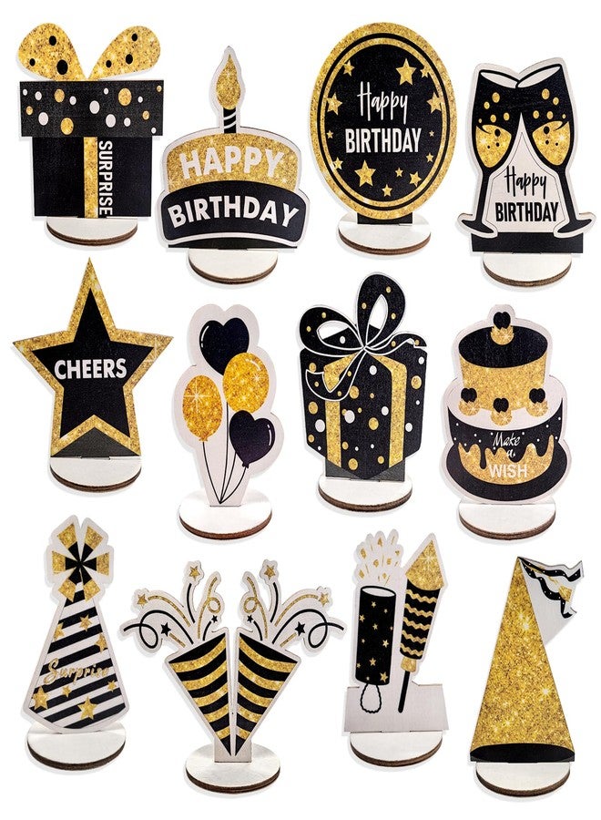 PAMBO Happy Birthday Table Decorations & Centerpieces - 12-Piece Black & Gold Wooden Glitter Party Decor Set | Elegant & Reusable Birthday Supplies for Men, Women & Kids - Image 1