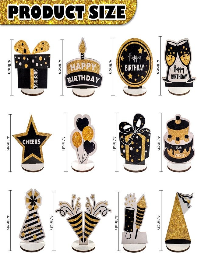PAMBO Happy Birthday Table Decorations & Centerpieces - 12-Piece Black & Gold Wooden Glitter Party Decor Set | Elegant & Reusable Birthday Supplies for Men, Women & Kids - Image 2