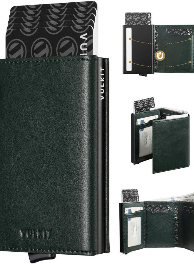 VULKIT حامل بطاقة الائتمان مع قسم للنقود ورق RFID مانع للقراءة محفظة جلدية مع نافذة للهوية (أخضر) - Image 1