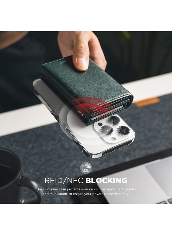VULKIT حامل بطاقة الائتمان مع قسم للنقود ورق RFID مانع للقراءة محفظة جلدية مع نافذة للهوية (أخضر) - Image 2