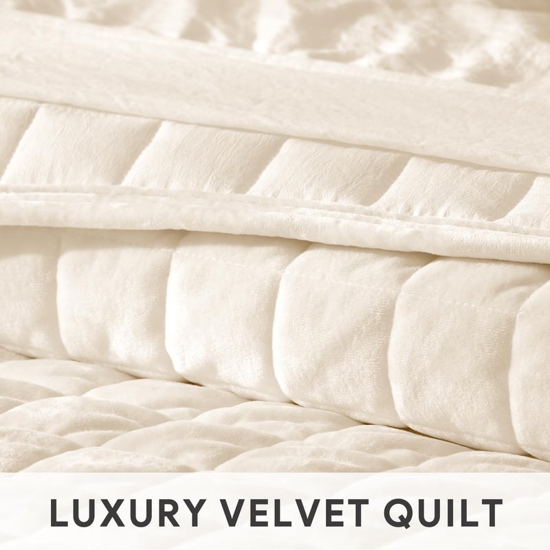 RECYCO Luxury Velvet Quilt Set Full Queen Size, Lightweight Velvet Comforter Set, Oversized Bedspread Coverlet Quilted Bedding Set, with 2 Matching Pillow Shams, for All Season, Cream White - Image 4