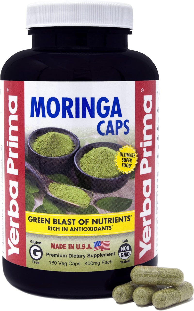 Yerba Prima Moringa 180 Count Veg Caps 400mg of Pure Dried Leaf Powder Green Blast of Nutrients Rich in Antioxidants 100 Pure Super Food NonGMO Vegan Friendly GlutenFree USA Made