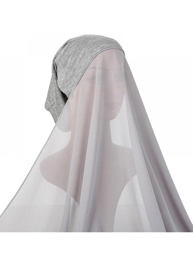 حجاب فوري مع غطاء، أغطية رأس شيفون بلون واحد بتصميم إسلامي، قبعات ناعمة طويلة تحت الوشاح مع غطاء سفلي، عمامة إسلامية، غطاء حجاب مودال، غطاء كامل، شال، قبعة للنساء للارتداء اليومي - رمادي - Image 1
