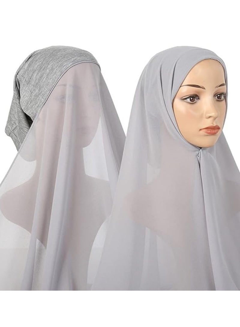 حجاب فوري مع غطاء، أغطية رأس شيفون بلون واحد بتصميم إسلامي، قبعات ناعمة طويلة تحت الوشاح مع غطاء سفلي، عمامة إسلامية، غطاء حجاب مودال، غطاء كامل، شال، قبعة للنساء للارتداء اليومي - رمادي - Image 2