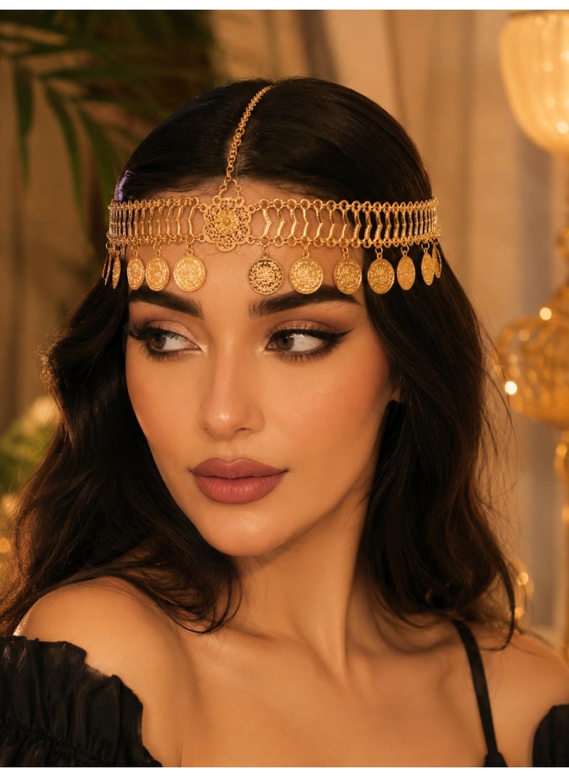 طوق رأس تقليدي ذهبي بتصميم عملات للمناسبات الخاصة - Image 1