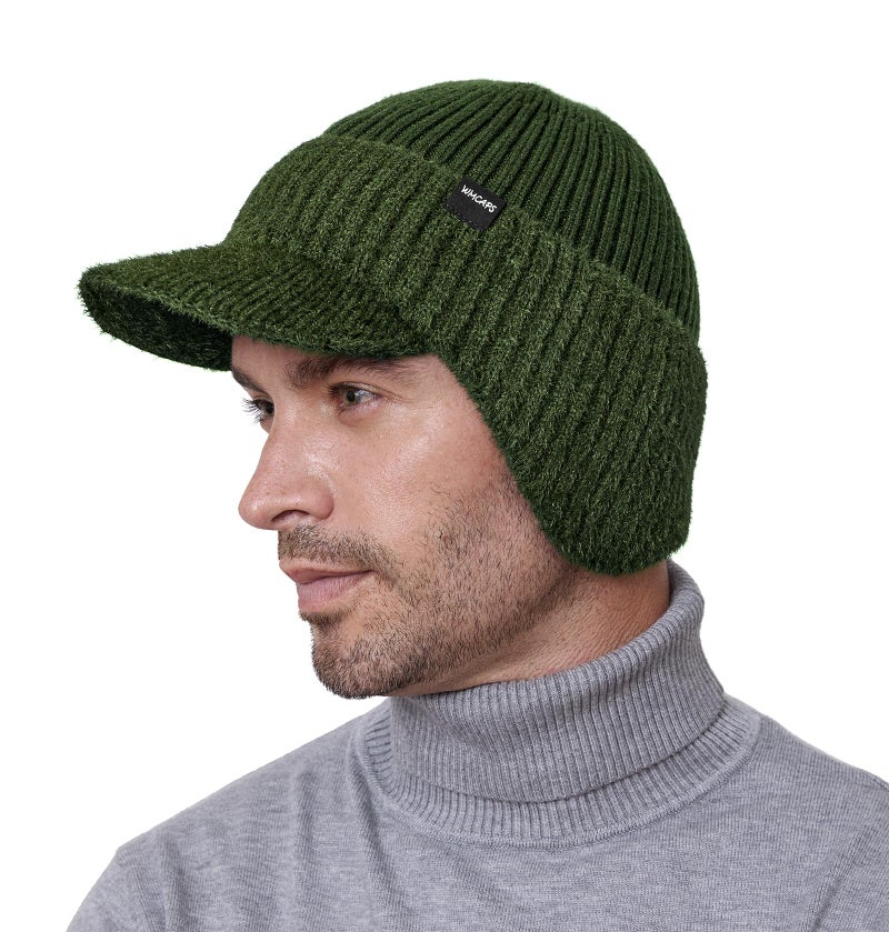 Wmcaps Winter Beanie with Brim and Ear Flaps, Fleece Lined Warm Knit Hat for Men Women Outdoor Thermal Stocking Cap, Agreen, One size - Image 1