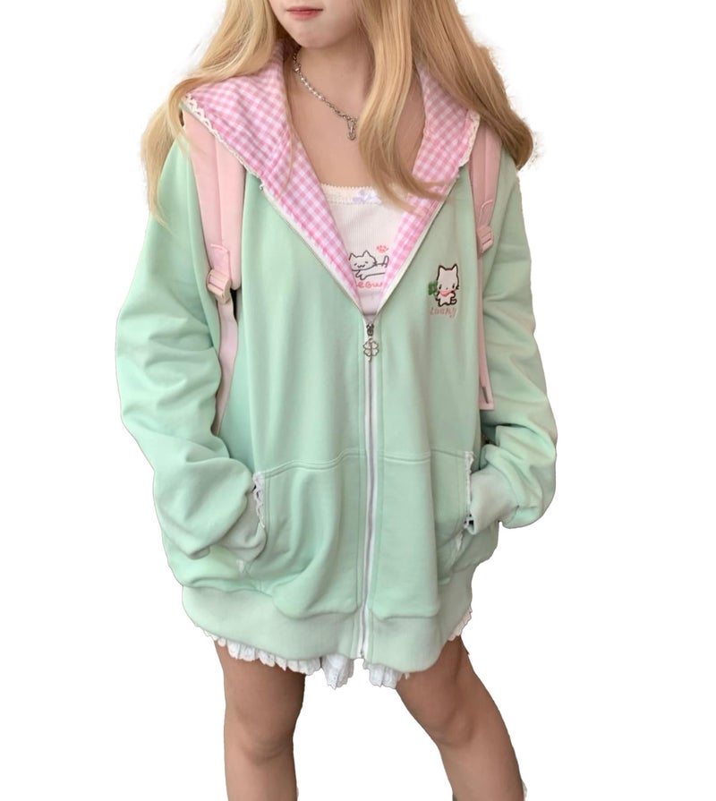 Dynict Womens Y2K Zip Up Cute Graphic Hoodies Cat Ears Casual Cartoon Harajuku Kawaii Clothes Oversize Streetwear Jacket (US, Alpha, X-Large, Regular, Regular, Green) - Image 1