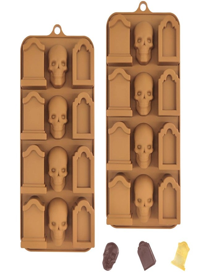 EDUEE Skull Chocolate Molds Halloween Gravestone Silicone Molds for Ice Cube Cupcake Cake Topper Decoration Set of 2 - Image 1