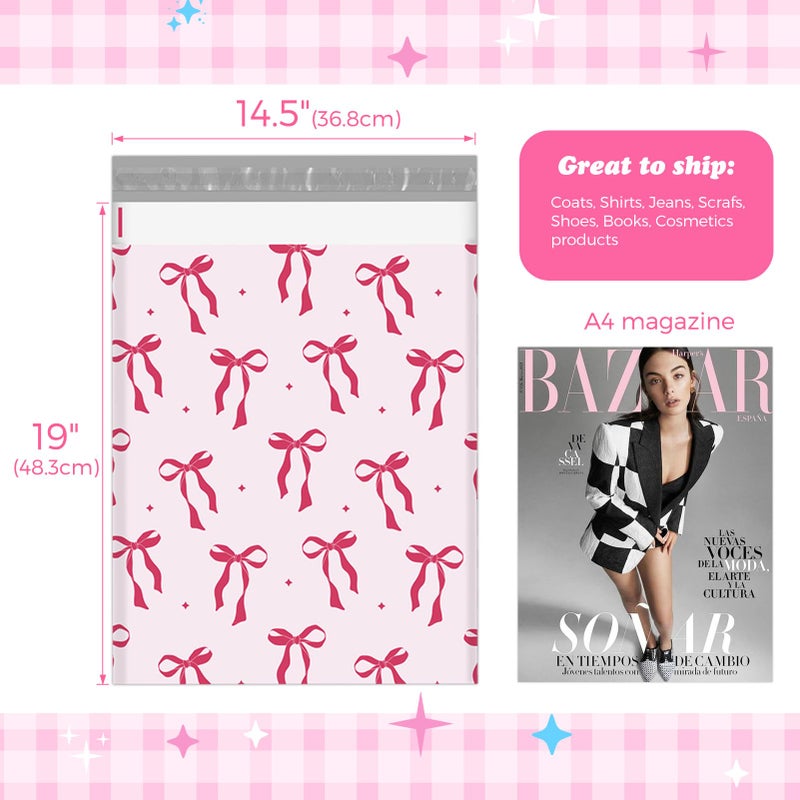 Fuxury Poly Mailers 14.5x19 Inch 50Pcs Shipping Bags for Clothing Strong Adhesive Shipping Envelopes for Small Business Self Seal Poly Bag Mailing Envelopes Pink Bows - Image 2