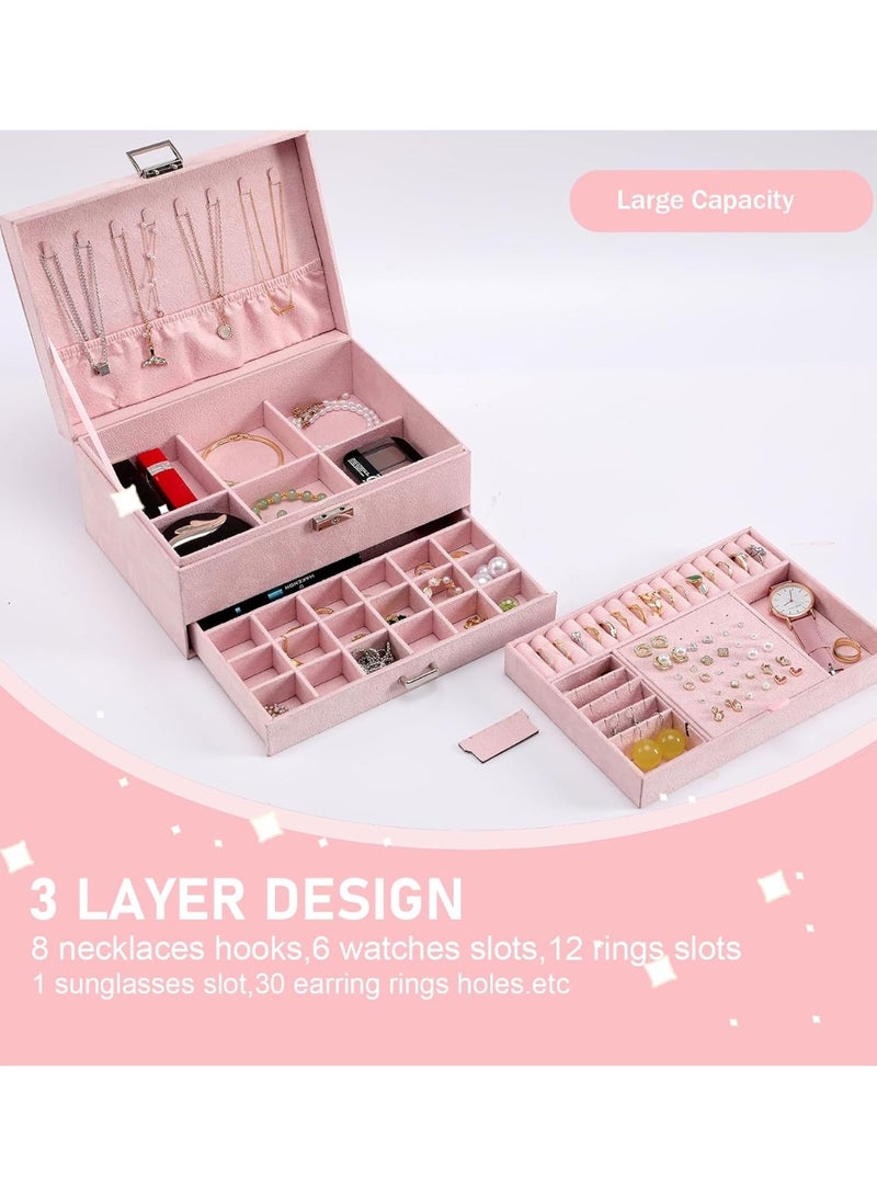 Bukela Jewelry Organizer Box for Women Girls, Jewelry Box 3-Tier Jewelry Display Case and Organizer,Lockable Jewelry Display Case Anti Tarnish,Varying Compartments for Necklaces, Bracelets, Rings - Image 4