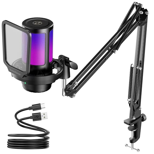 InnoGear Gaming USB Microphone, Noise Cancellation Condenser Mic with Mute, Gain, RGB Indicator, Boom Arm Stand for Streaming, Podcast, Twitch, YouTube, Discord, PC, Computer, PS4, PS5, Mac, Black - Image 1