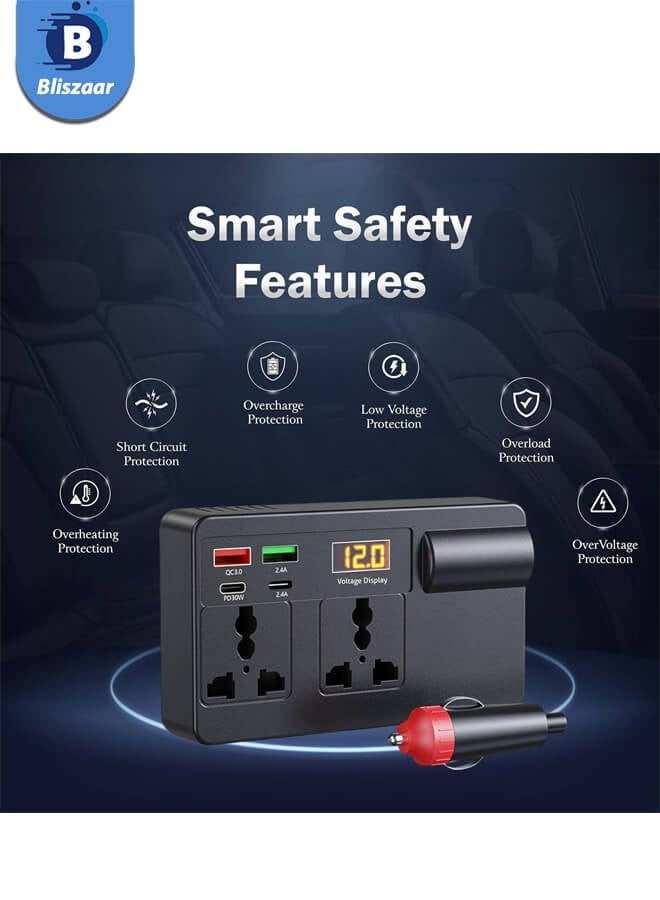 Bliszaar 200W Car Power Inverter 12V to 220V with USB-C PD Fast Charging, Dual AC Outlets (US/EU/UK), Digital Display, Compact Converter for Car, RV, Truck, Laptops - Image 5