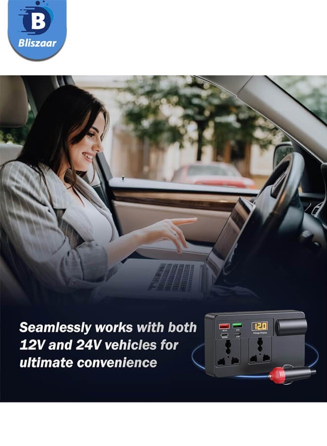 Bliszaar 200W Car Power Inverter 12V to 220V with USB-C PD Fast Charging, Dual AC Outlets (US/EU/UK), Digital Display, Compact Converter for Car, RV, Truck, Laptops - Image 3