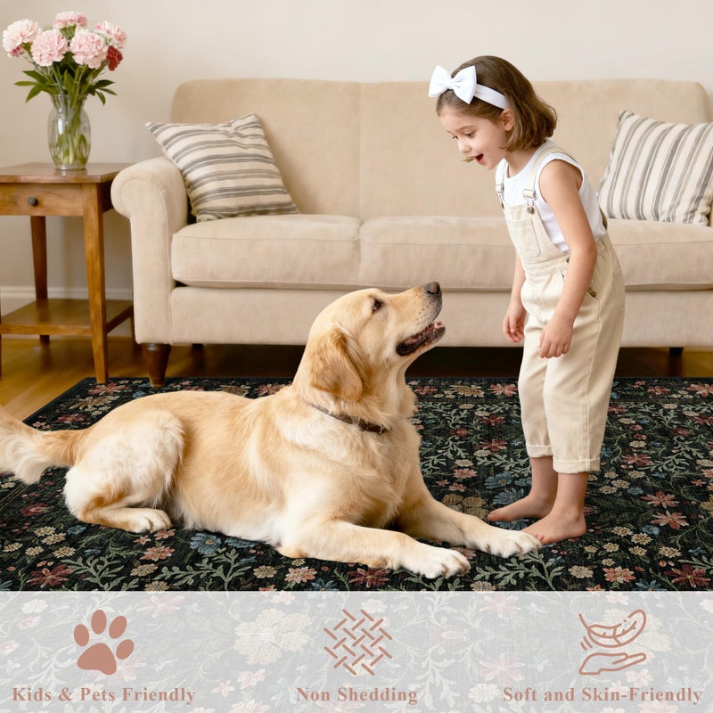 DUKINO 2x3 Entryway Rug, Floral Washable Area Rug with Non Slip Indoor Door Mat, Vintage Low Pile Small Front Door Throw Carpet for Kitchen, Entrance, Bathroom, Bedroom, Black - Image 3
