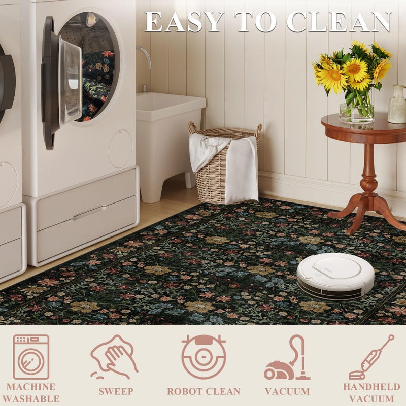 DUKINO 2x3 Entryway Rug, Floral Washable Area Rug with Non Slip Indoor Door Mat, Vintage Low Pile Small Front Door Throw Carpet for Kitchen, Entrance, Bathroom, Bedroom, Black - Image 5