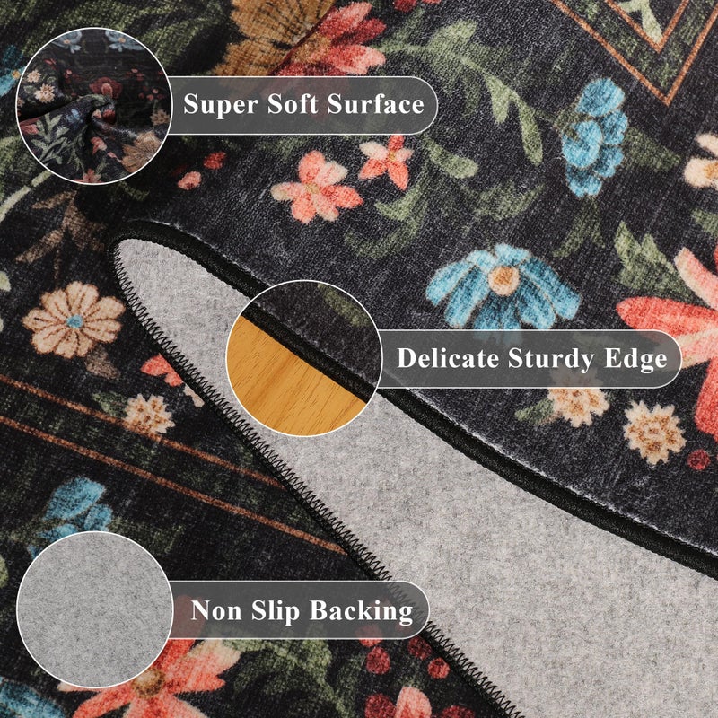 DUKINO 2x3 Entryway Rug, Floral Washable Area Rug with Non Slip Indoor Door Mat, Vintage Low Pile Small Front Door Throw Carpet for Kitchen, Entrance, Bathroom, Bedroom, Black - Image 4