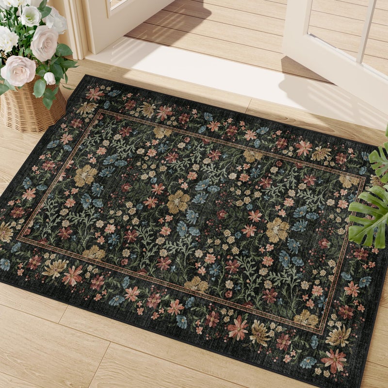 DUKINO 2x3 Entryway Rug, Floral Washable Area Rug with Non Slip Indoor Door Mat, Vintage Low Pile Small Front Door Throw Carpet for Kitchen, Entrance, Bathroom, Bedroom, Black - Image 1