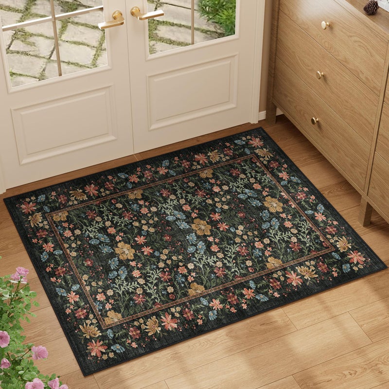 DUKINO 2x3 Entryway Rug, Floral Washable Area Rug with Non Slip Indoor Door Mat, Vintage Low Pile Small Front Door Throw Carpet for Kitchen, Entrance, Bathroom, Bedroom, Black - Image 2