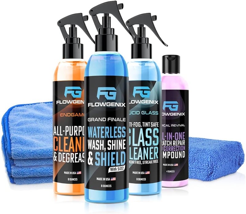 Flowgenix Grand Slam 4-Pack Includes Waterless Car Wash Spray + Instant Car Scratch Remover Repair + Streak Free Window and Glass Cleaner + All Purpose Cleaner for Auto Detailing, 2 Microfiber Towels - Image 1
