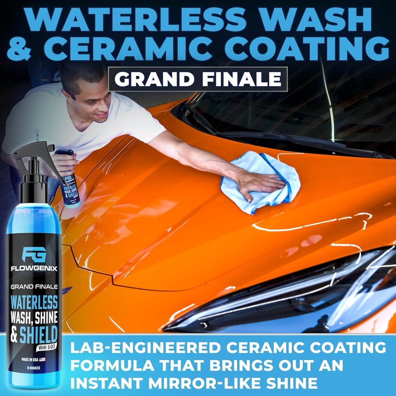 Flowgenix Grand Slam 4-Pack Includes Waterless Car Wash Spray + Instant Car Scratch Remover Repair + Streak Free Window and Glass Cleaner + All Purpose Cleaner for Auto Detailing, 2 Microfiber Towels - Image 3