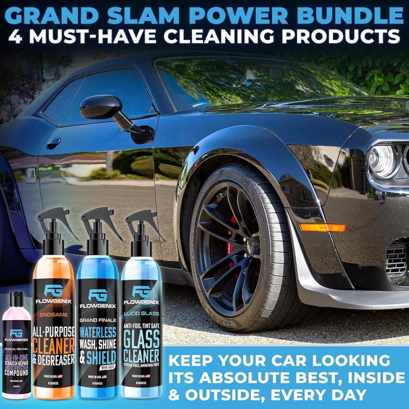 Flowgenix Grand Slam 4-Pack Includes Waterless Car Wash Spray + Instant Car Scratch Remover Repair + Streak Free Window and Glass Cleaner + All Purpose Cleaner for Auto Detailing, 2 Microfiber Towels - Image 2