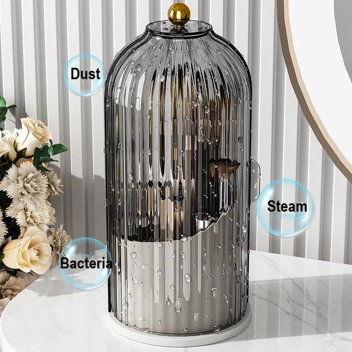 HOOPVOOL® Makeup Brush Holder With Lid,360° Rotating Organizer, Nail Polish Perfume Lipstick Pen-Pencil Paint Brush Stationary, Multifunctional Dressing Table Storage (Grey) - Image 3