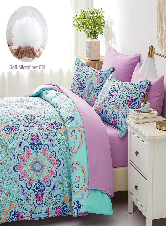 DHSFKBE Twin Comforter Set, 5 Piece Bed in a Bag, Boho Aqua and Lilac Damask Medallion Print Comforter with Sheets, Soft Microfiber Complete Bedding Set for All Season (Aqua, Twin) - Image 4
