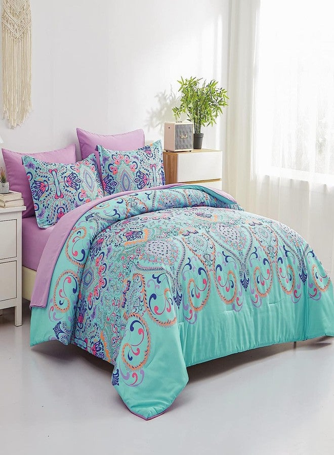 DHSFKBE Twin Comforter Set, 5 Piece Bed in a Bag, Boho Aqua and Lilac Damask Medallion Print Comforter with Sheets, Soft Microfiber Complete Bedding Set for All Season (Aqua, Twin) - Image 3