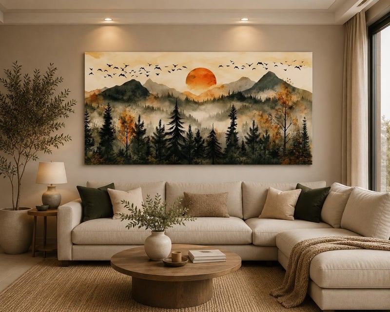 ARS Modern Watercolor Mountain Landscape Canvas Wall Art, Misty Pine Forest & Flying Birds Oil Painting Style Print, Large Sun Sunset Nature Framed for Living Room, Office Home Decor - Image 2