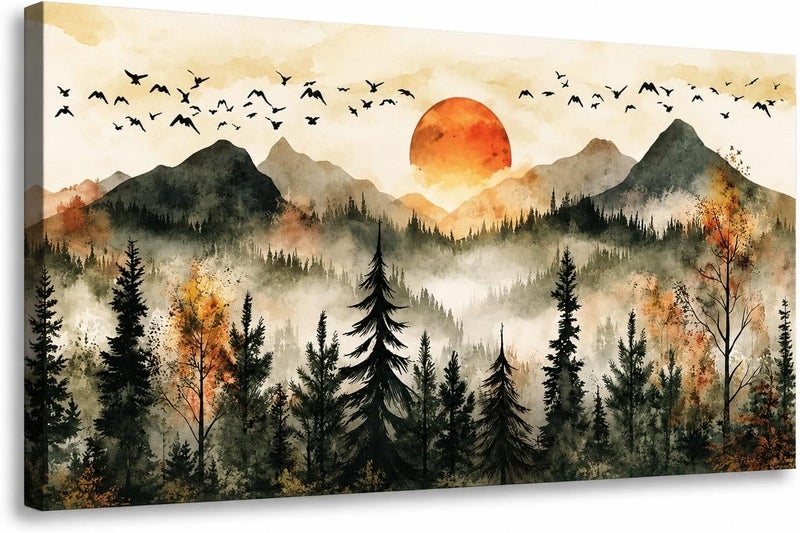 ARS Modern Watercolor Mountain Landscape Canvas Wall Art, Misty Pine Forest & Flying Birds Oil Painting Style Print, Large Sun Sunset Nature Framed for Living Room, Office Home Decor - Image 1