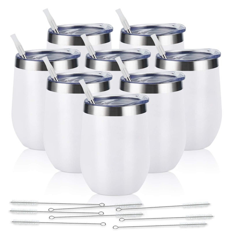 8 Pack 12Oz Stainless Steel Wine Tumblers Insulated Wine Tumbler Double Wall Insulated Wine Glass Stainless Steel Stemless Wine Cups with Lids for Coffee Wine Cocktails Champaign Navy Blue