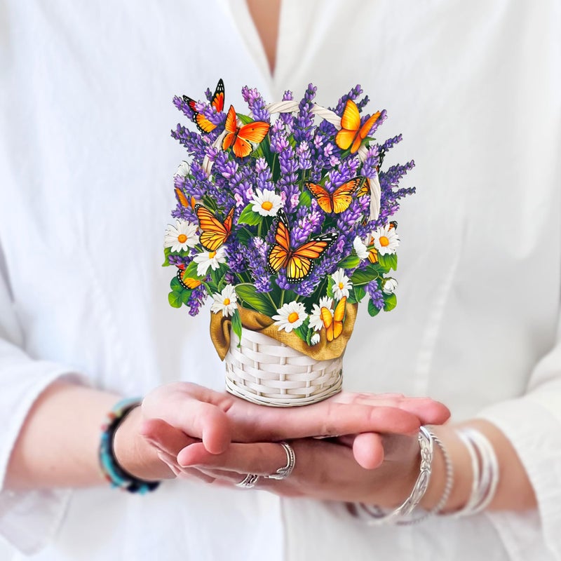 Freshcut Paper Pop Up Cards, Mini Lavender & Butterflies, 6 Inch Mini Sized Forever Flower Bouquet 3D Popup Greeting Card, Birthday Cards, Thank You Card, Teacher Gifts, Blank Notecard & Envelope - Image 1