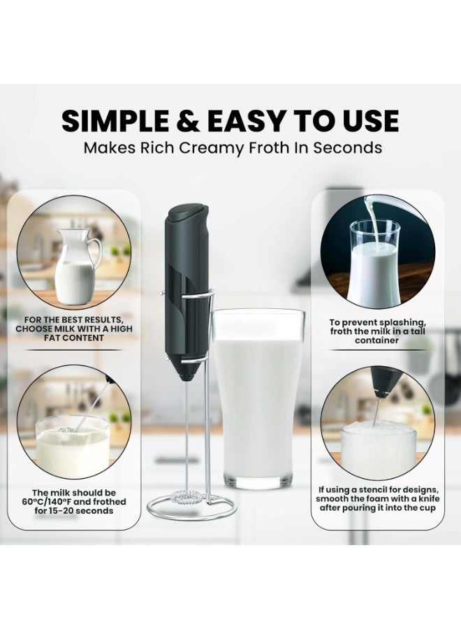 Handheld Electric Milk Frother with Stainless Steel Stand – High-Speed Milk Foam Maker for Coffee, Latte, Cappuccino, Macchiato, Matcha & Hot Chocolate, Battery Operated Mini Drink Mixer for Protein Shakes, Milkshakes & Frappe, Stainless Steel Whisk, Easy to Clean Compact Design - Image 4