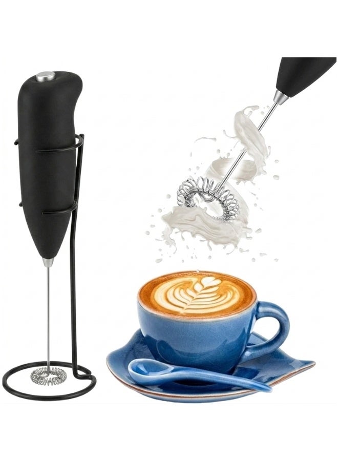 Handheld Electric Milk Frother with Stainless Steel Stand – High-Speed Milk Foam Maker for Coffee, Latte, Cappuccino, Macchiato, Matcha & Hot Chocolate, Battery Operated Mini Drink Mixer for Protein Shakes, Milkshakes & Frappe, Stainless Steel Whisk, Easy to Clean Compact Design - Image 1